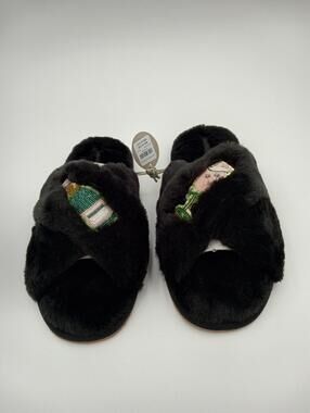 Anthropologie Slippers Womens Black Faux Fur Champagne Slide House Shoes Size 8